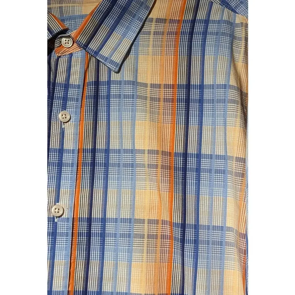 Tasso Elba Blue & Orange Plaid Button Up 100% Cotton Dress Shirt Mens Sz XL